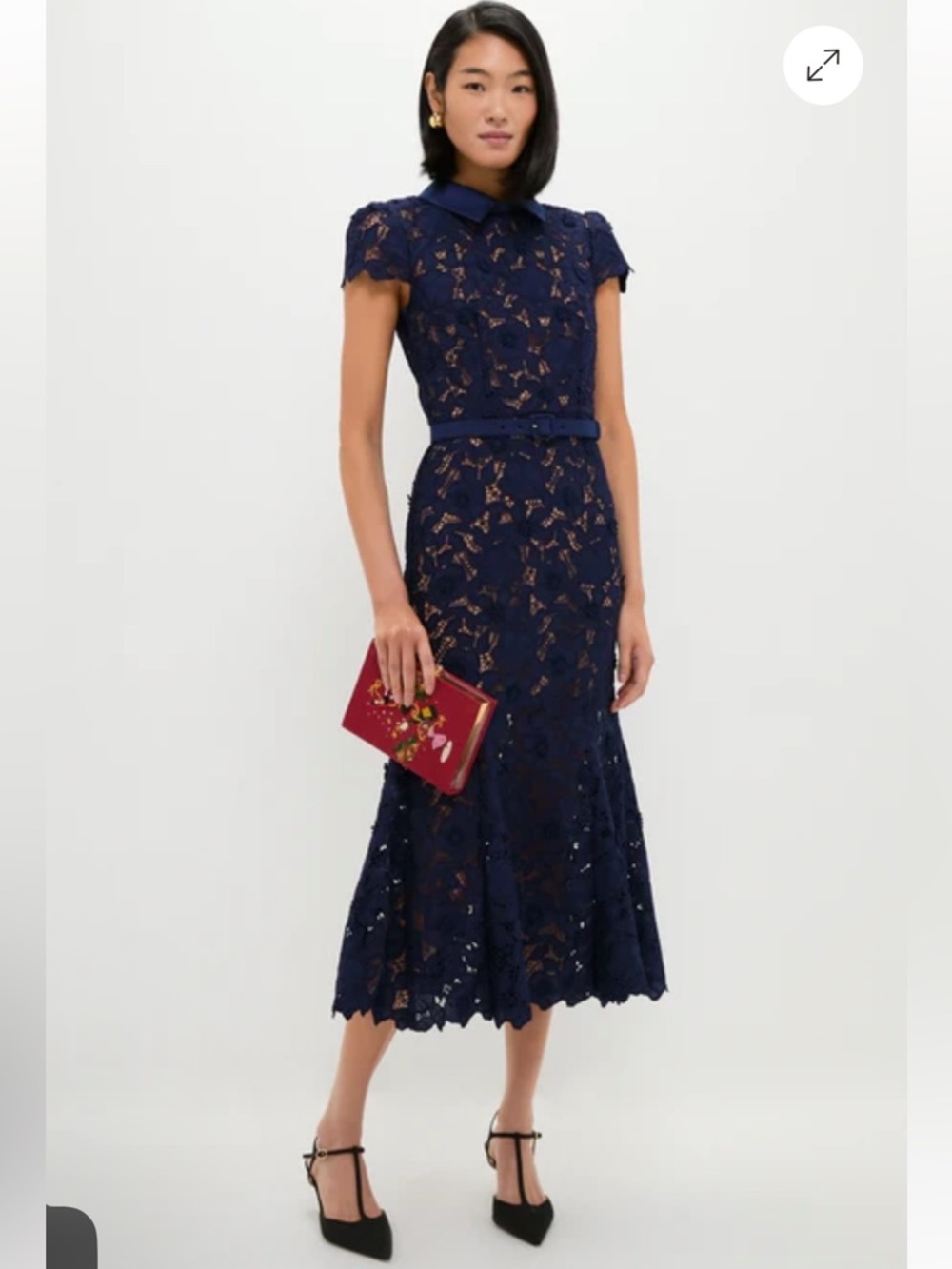Self-Portrait Navy Lace Midi Dress with Collar - Navy Guipure Lace Midi Dress